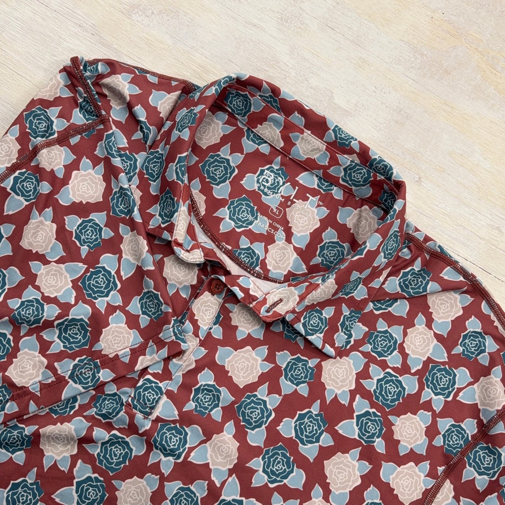 BYLT Polo Shirt Premium Basics Rose Floral Print Burgundy Mens XL